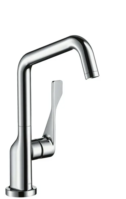 Küchenmischer von AXOR mit einem schwenkbaren Auslauf und einem ergonomischen Hebel zur Steuerung des Wasserflusses. Oberfläche in poliertem Edelstahl.